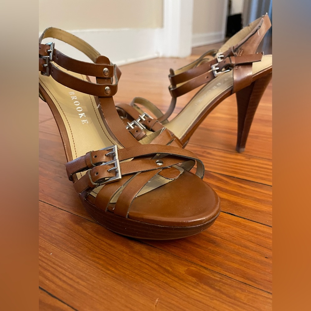 Audrey Brooke brown leather strappy heel.  8.5